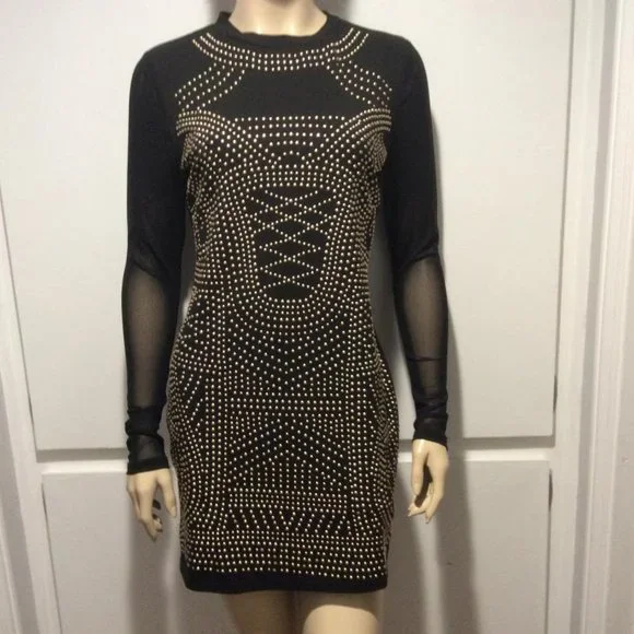 Haute Monde bodycon black mini NWOT metal gold studs & sheer long sleeves size L - Picture 3 of 7